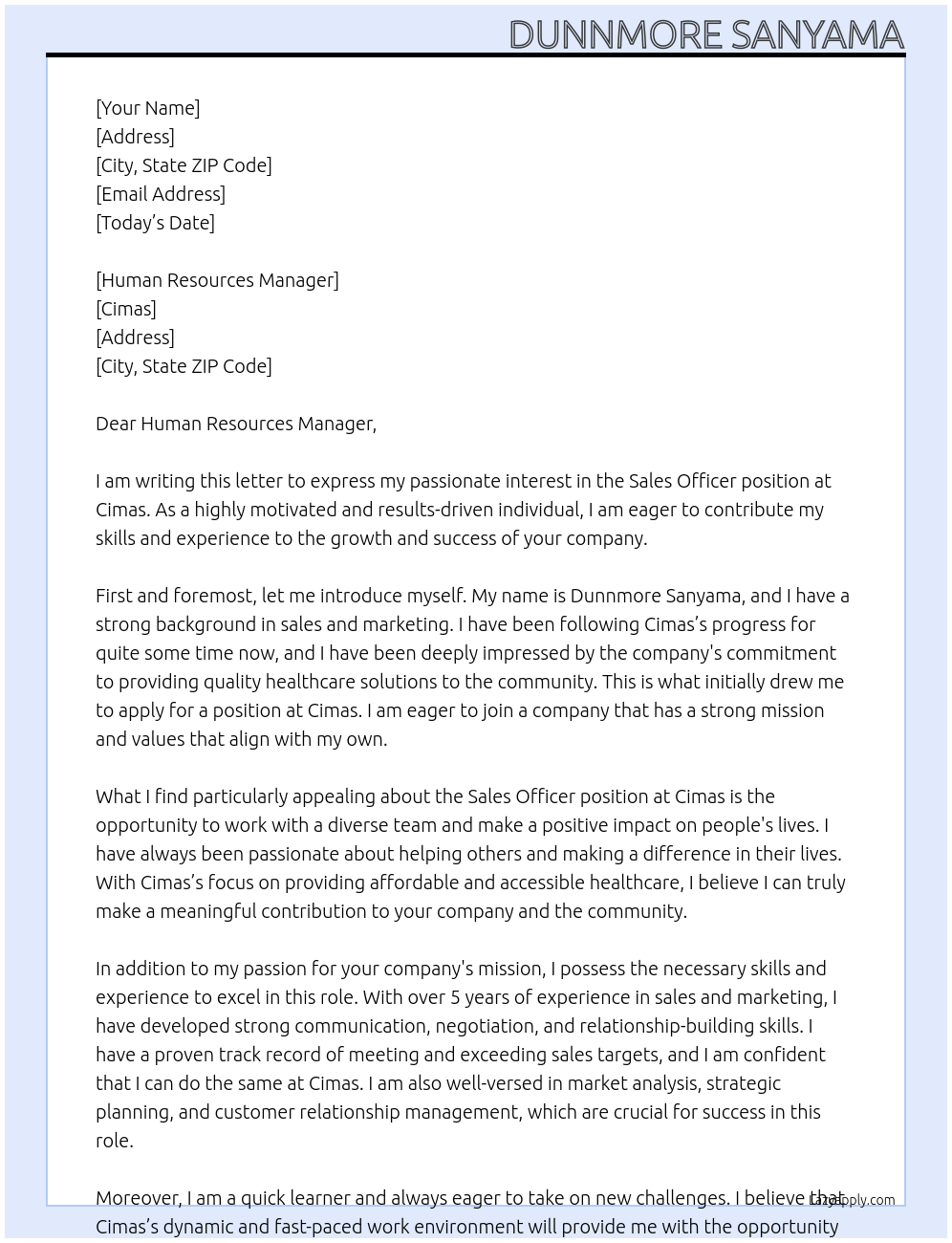 Sales officer At Cimas Cover Letter