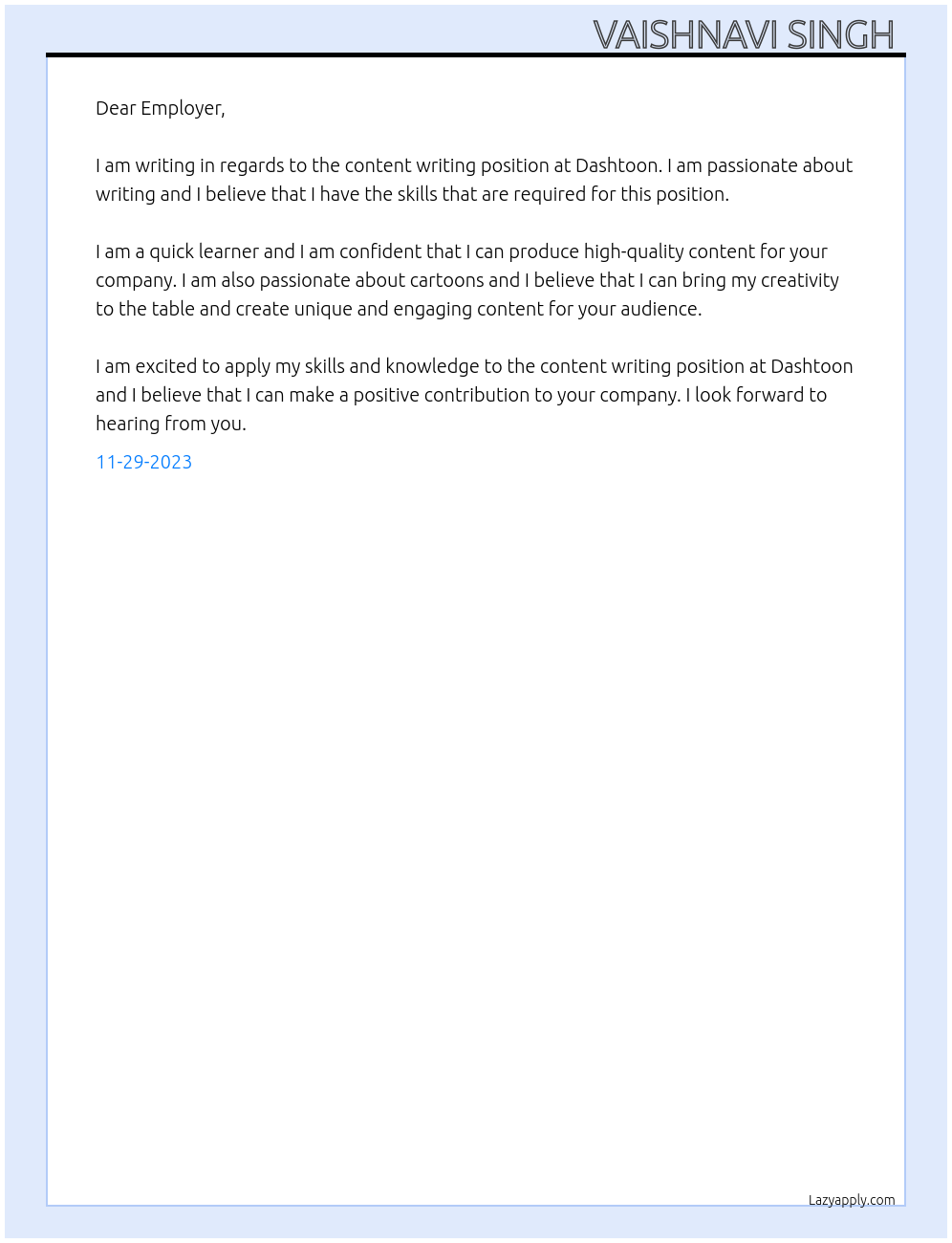 Content writing At Dashtoon Cover Letter