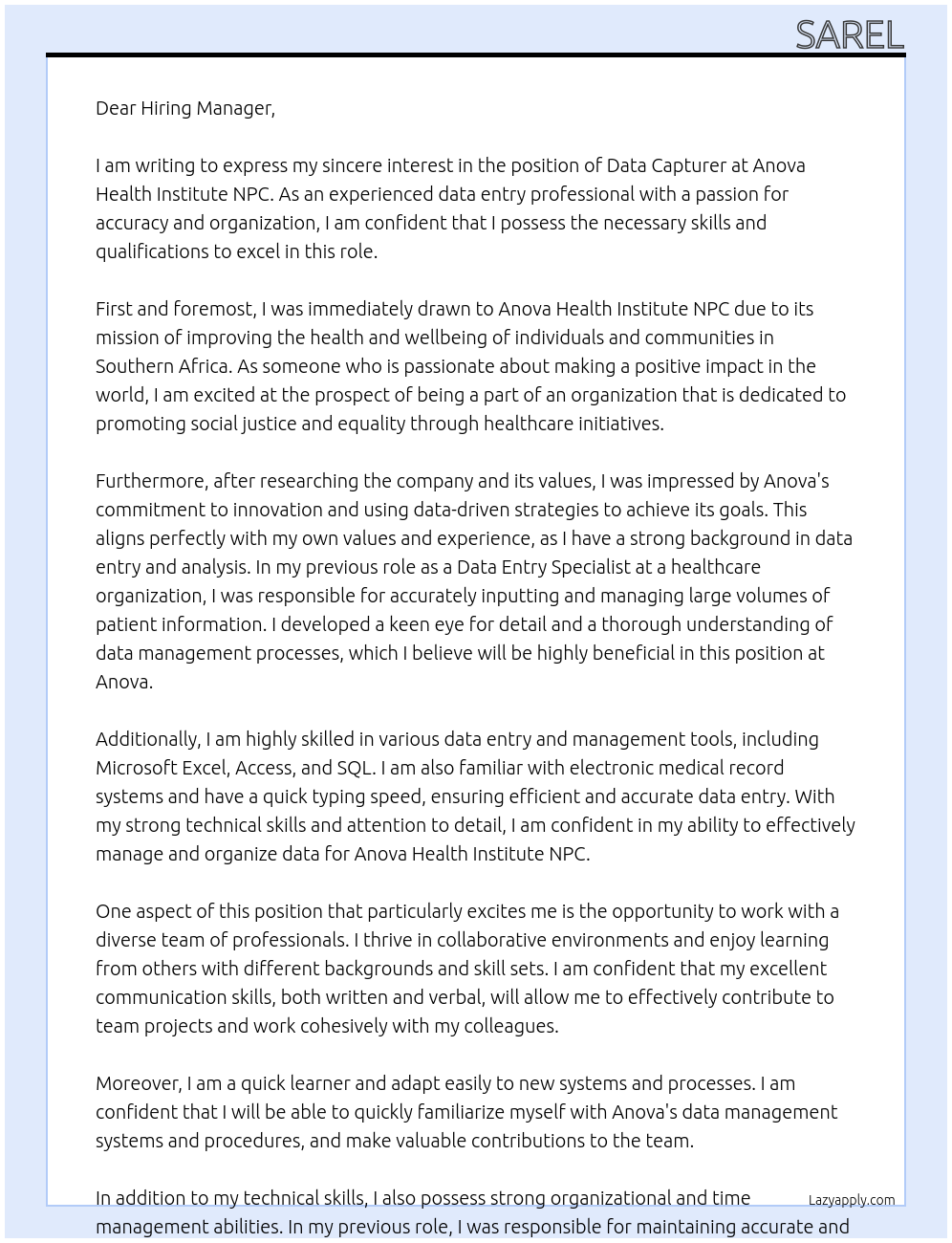 Data Capturer At Anova Health Institute NPC Cover Letter