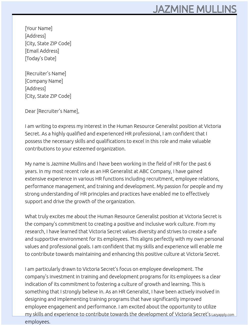 Human Resource Generalist At Victoria Secret Cover Letter