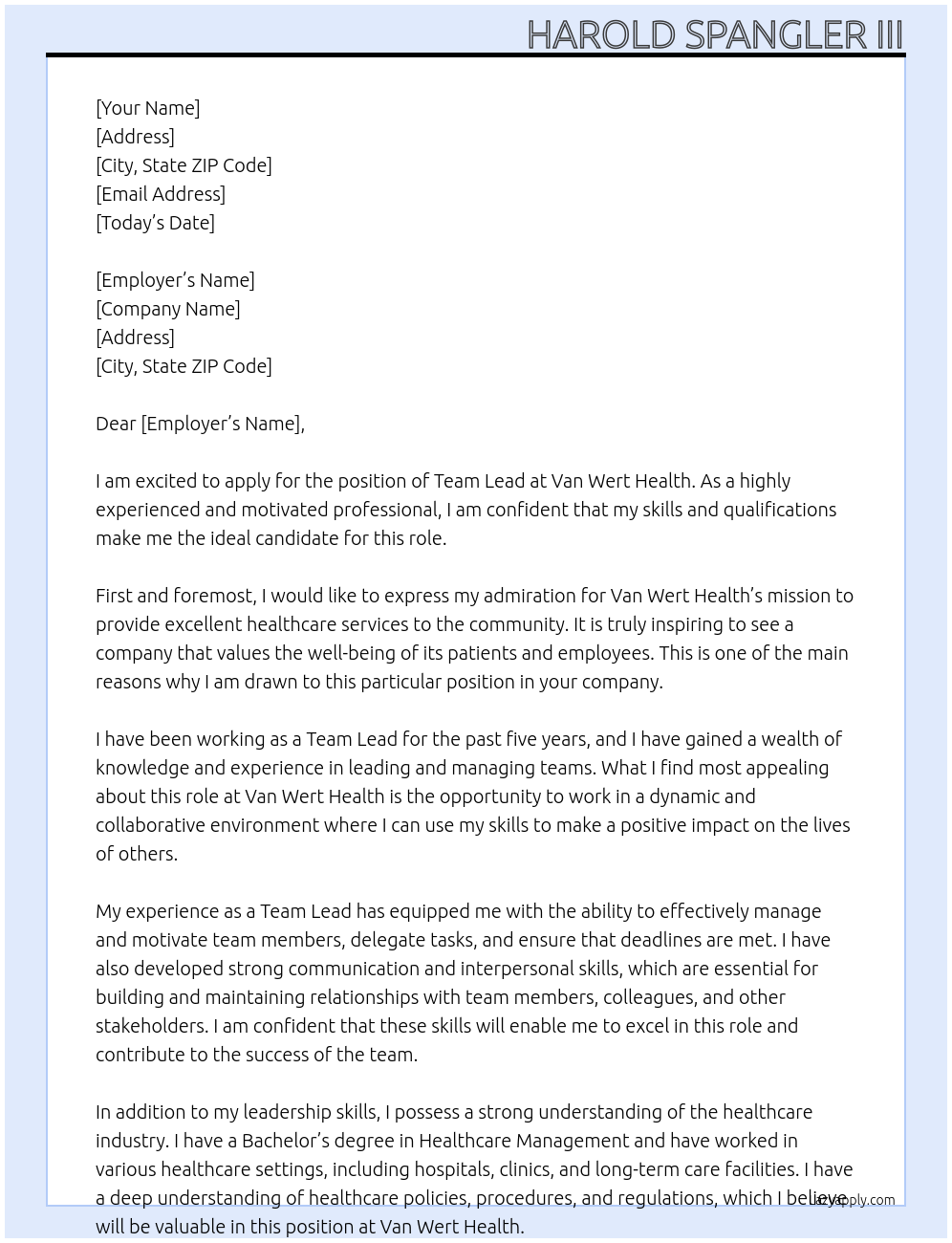 Team Lead At Van Wert Health Cover Letter