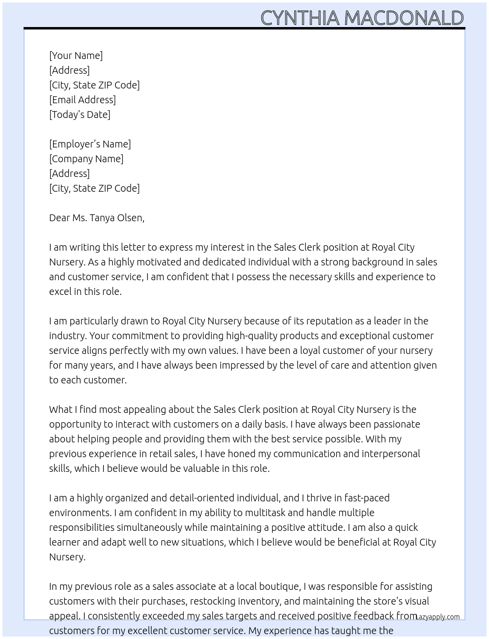 sales clerk At Royal City Nursery Cover Letter