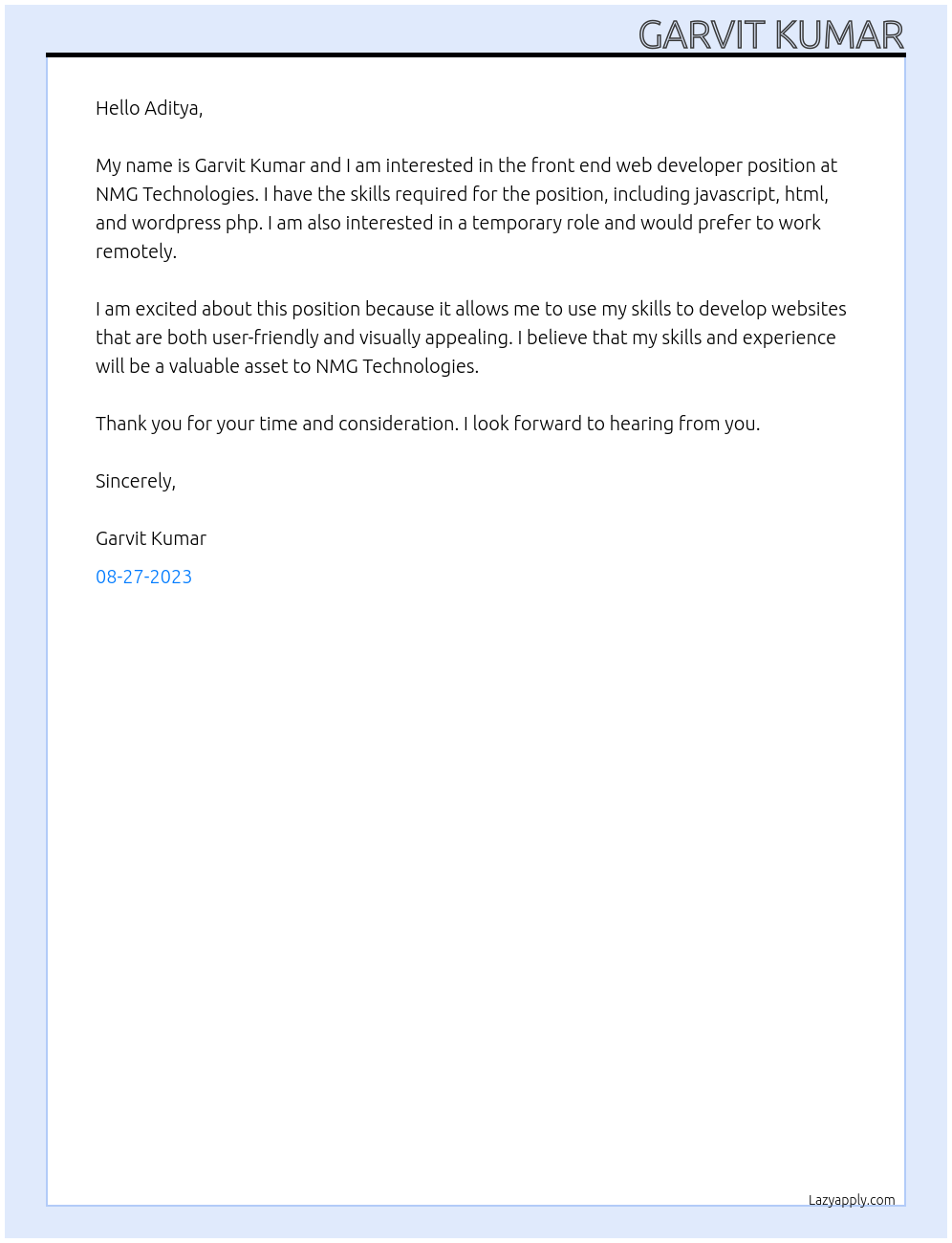 front end web developer At NMG Technologies Cover Letter