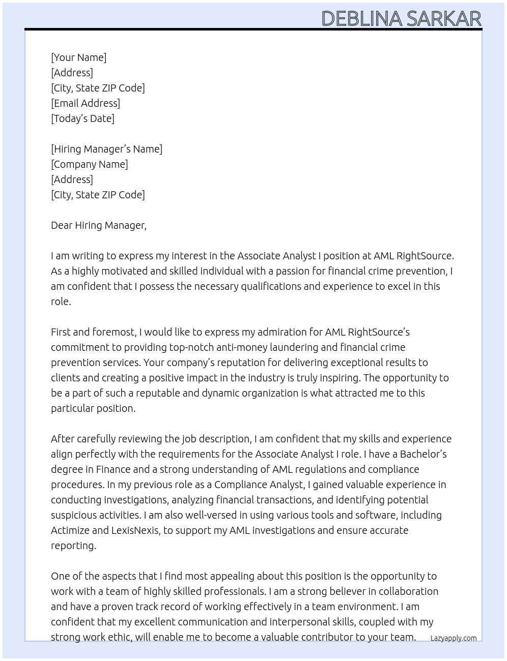 Associate Analyst I At AML RightSource Cover Letter