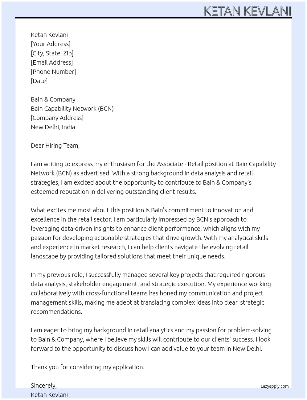 Associate - Retail At BAIN & COMPANY Cover Letter