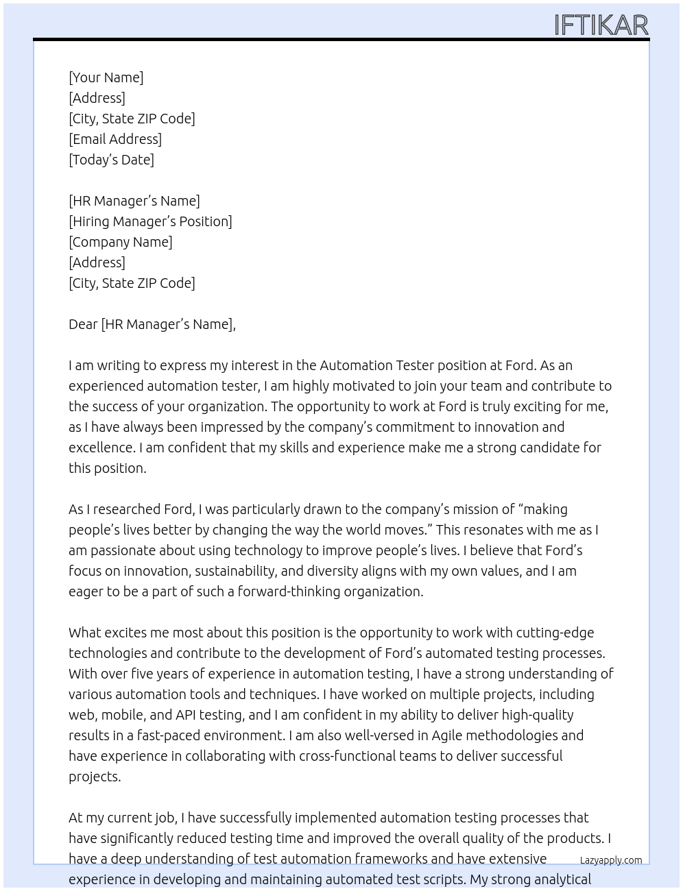 Automation Tester At Ford Cover Letter