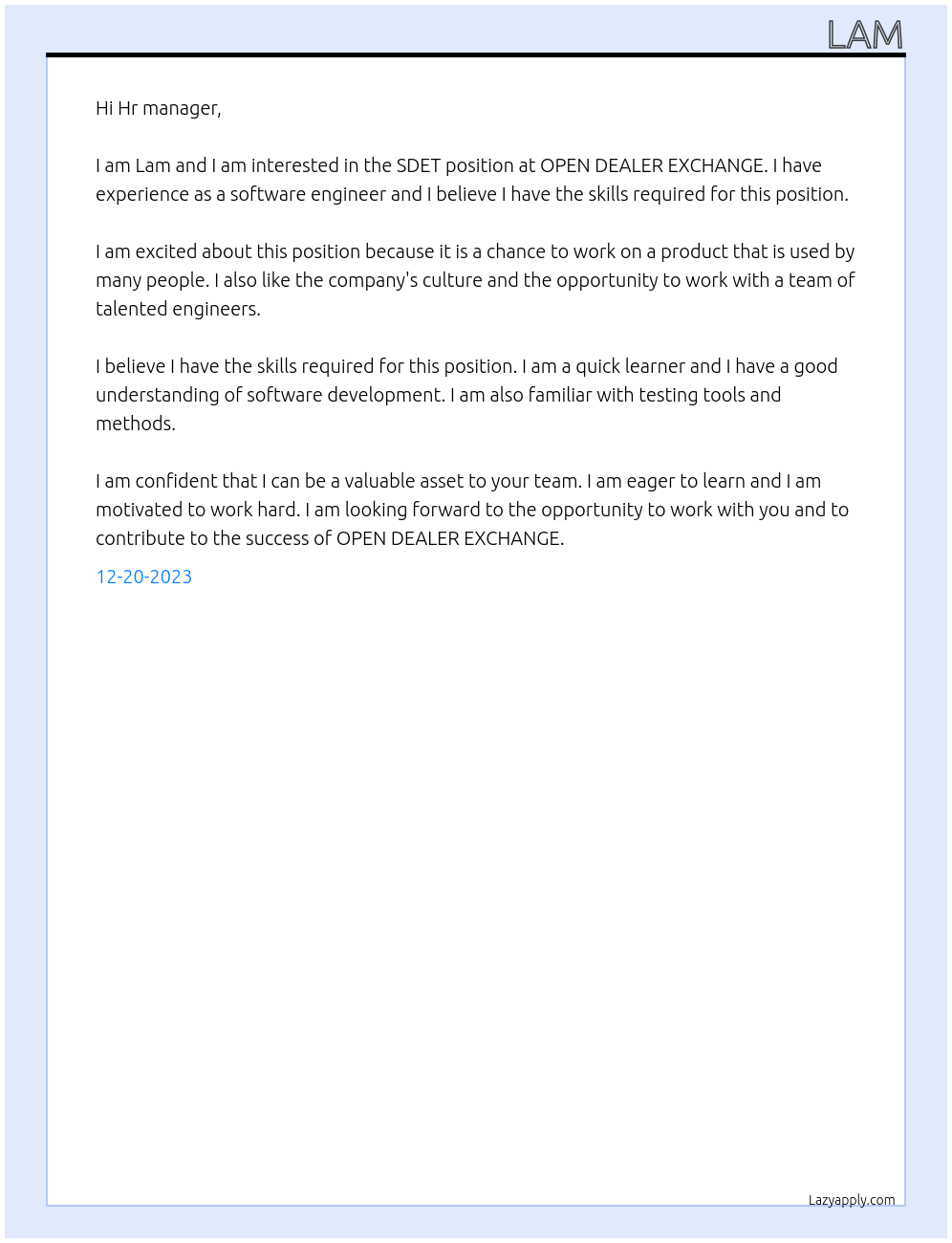 SDET At OPEN DEALER EXCHANGE Cover Letter