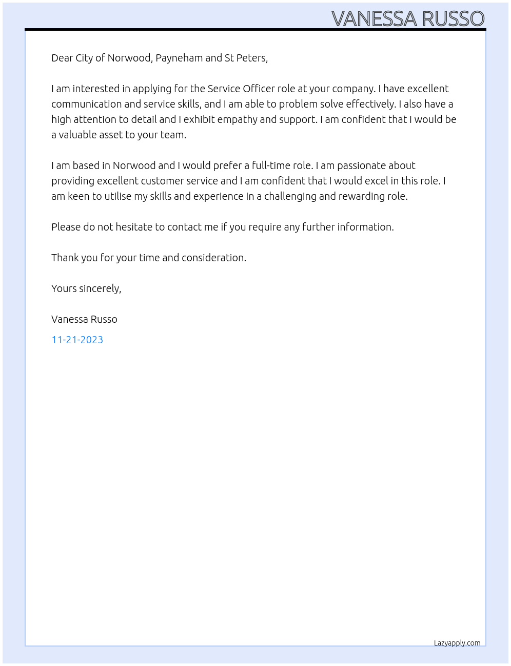 Service Officer At City of Norwood, Payneham and St Peters Cover Letter