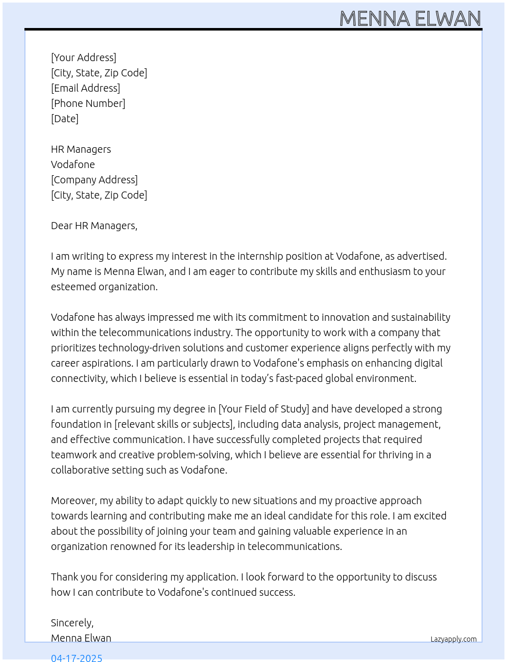 Vodafone internship At Vodafone Cover Letter