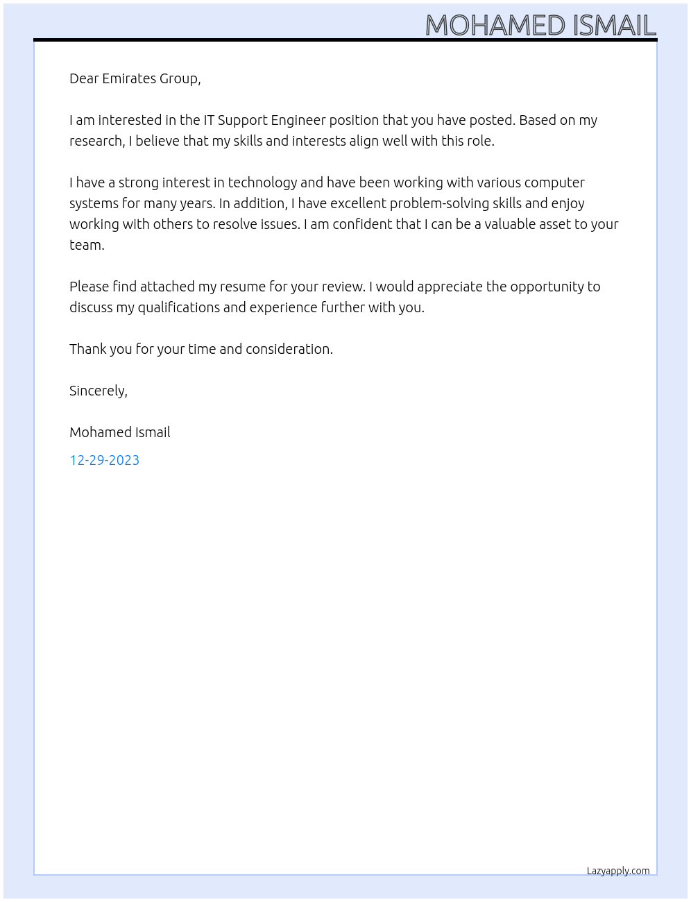 IT Support Engineer At Emirates group Cover Letter