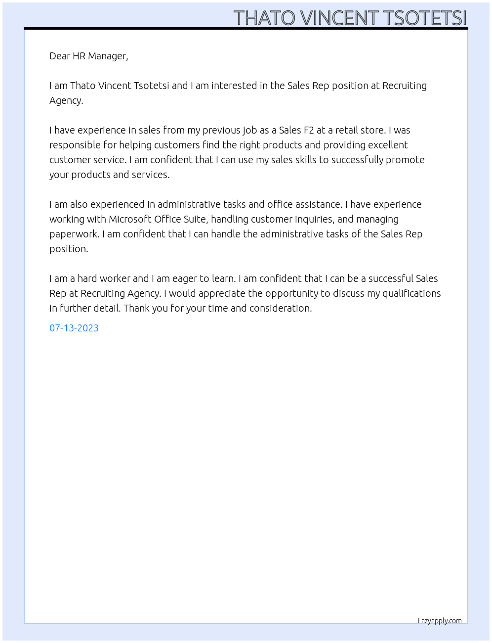 Sales Rep At Recruiting Agency Cover Letter