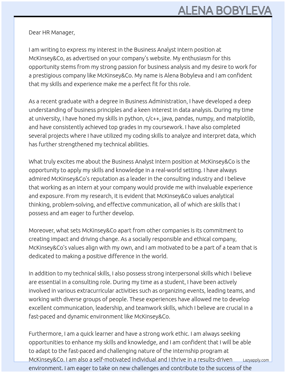 Business Analyst Intern At McKinsey&Co Cover Letter