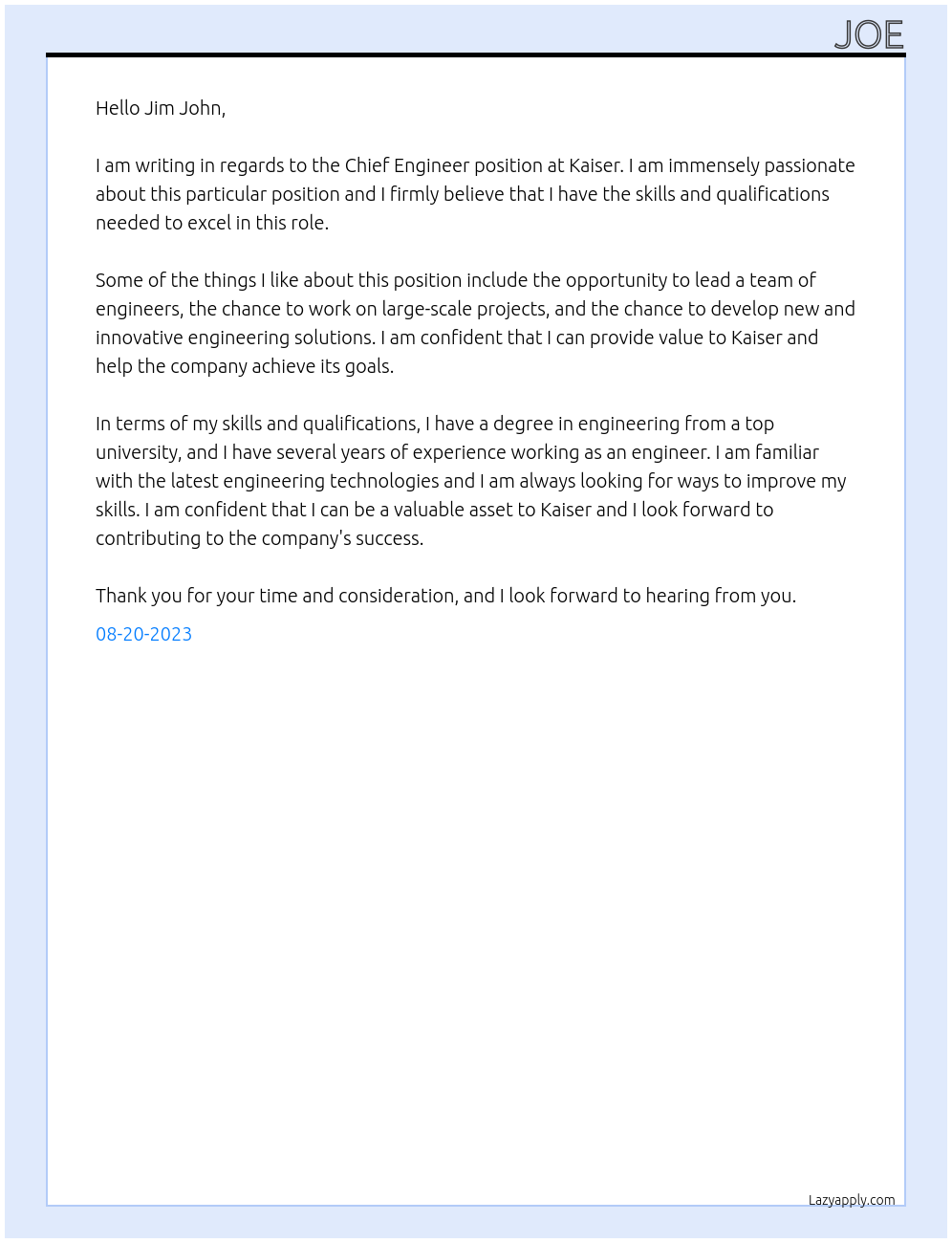 Chief Engineer At kaiser Cover Letter