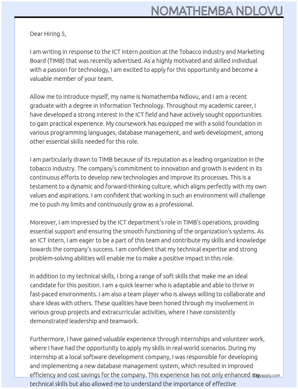 ICT Intern At Tobacco Industry and Marketing Board (TIMB) Cover Letter