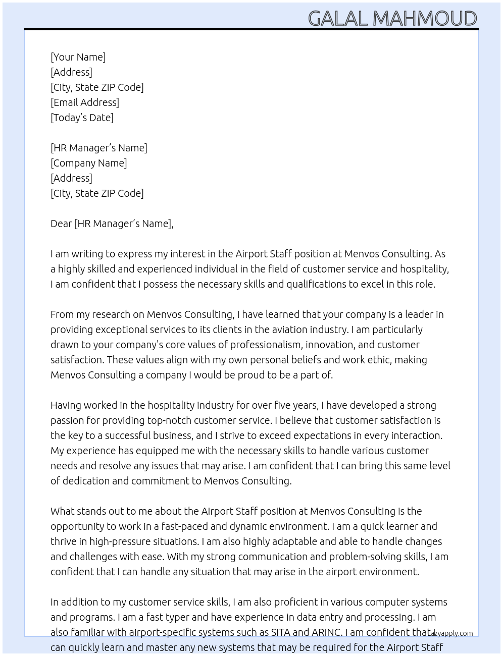 Airport staff  At Menvos Consulting Cover Letter