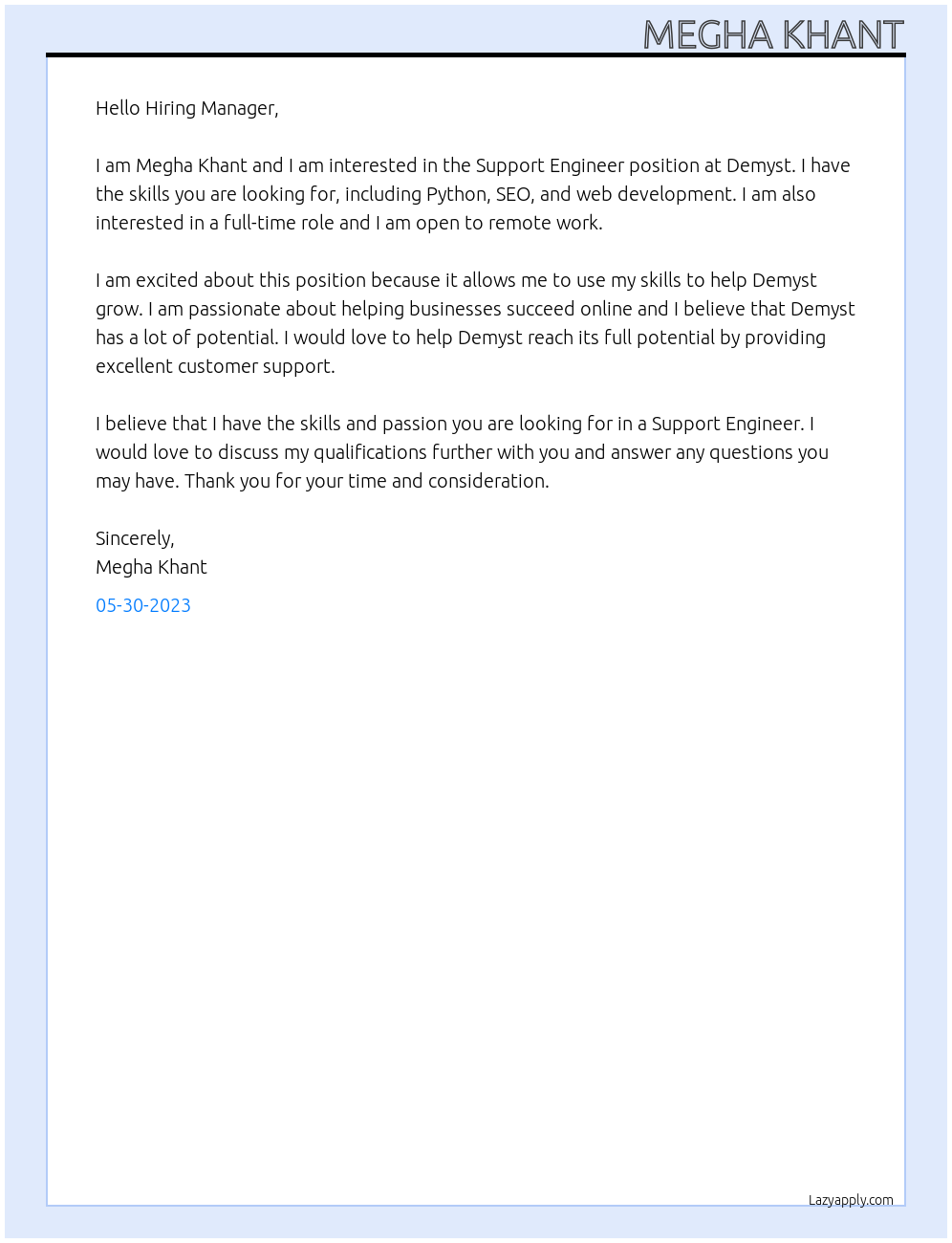 Support Engineer At Demyst Cover Letter