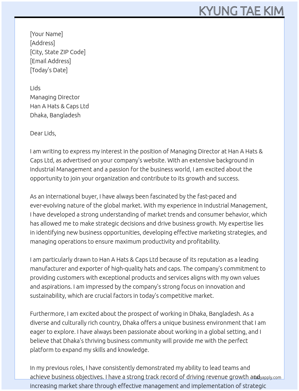 Managing Director At Han A Hats & Caps Ltd Cover Letter