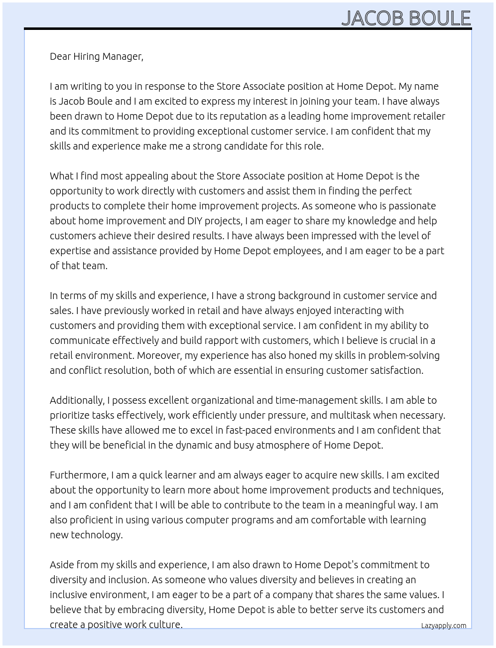 Store Associate At Home Depot Cover Letter