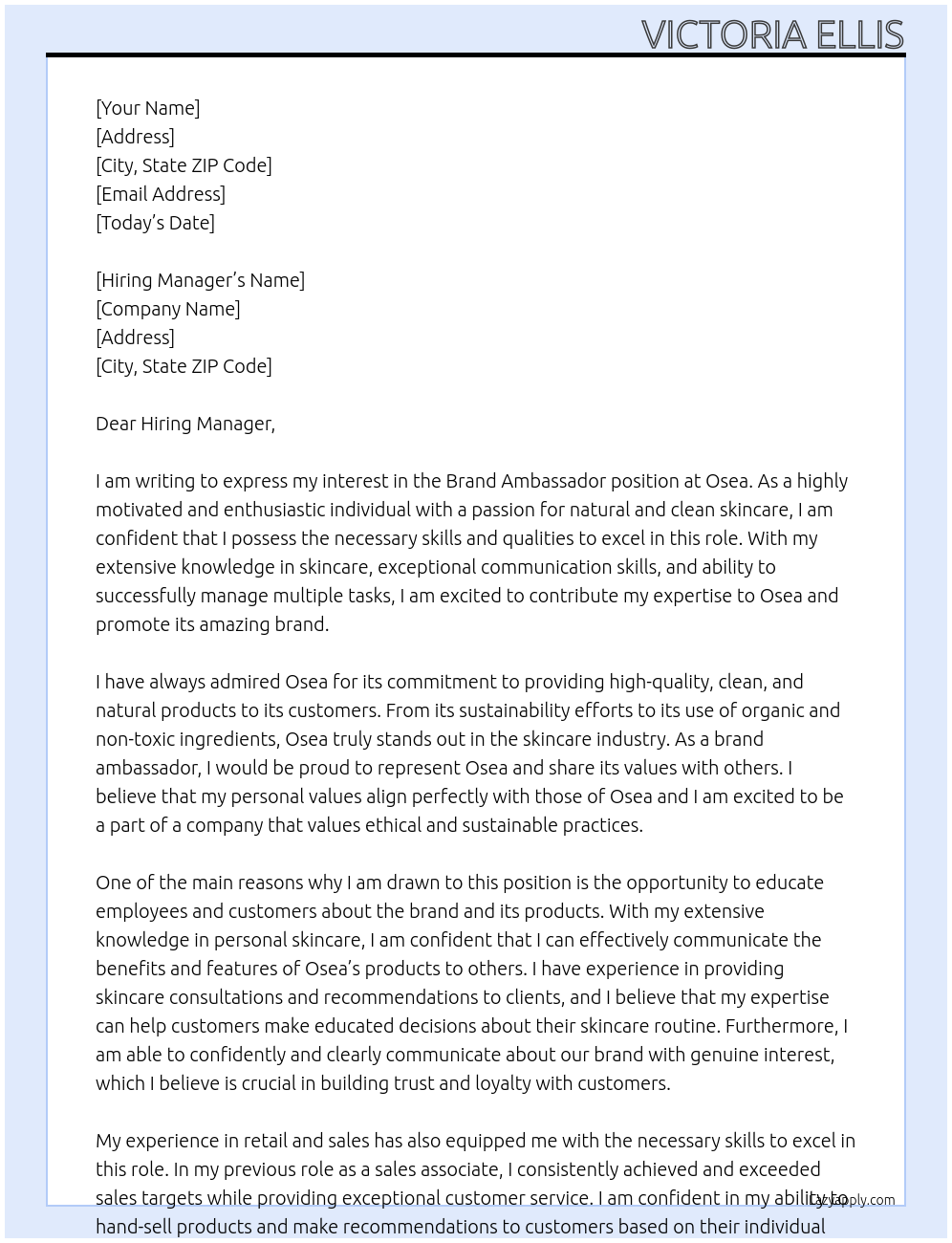 Brand Ambassador  At Osea  Cover Letter