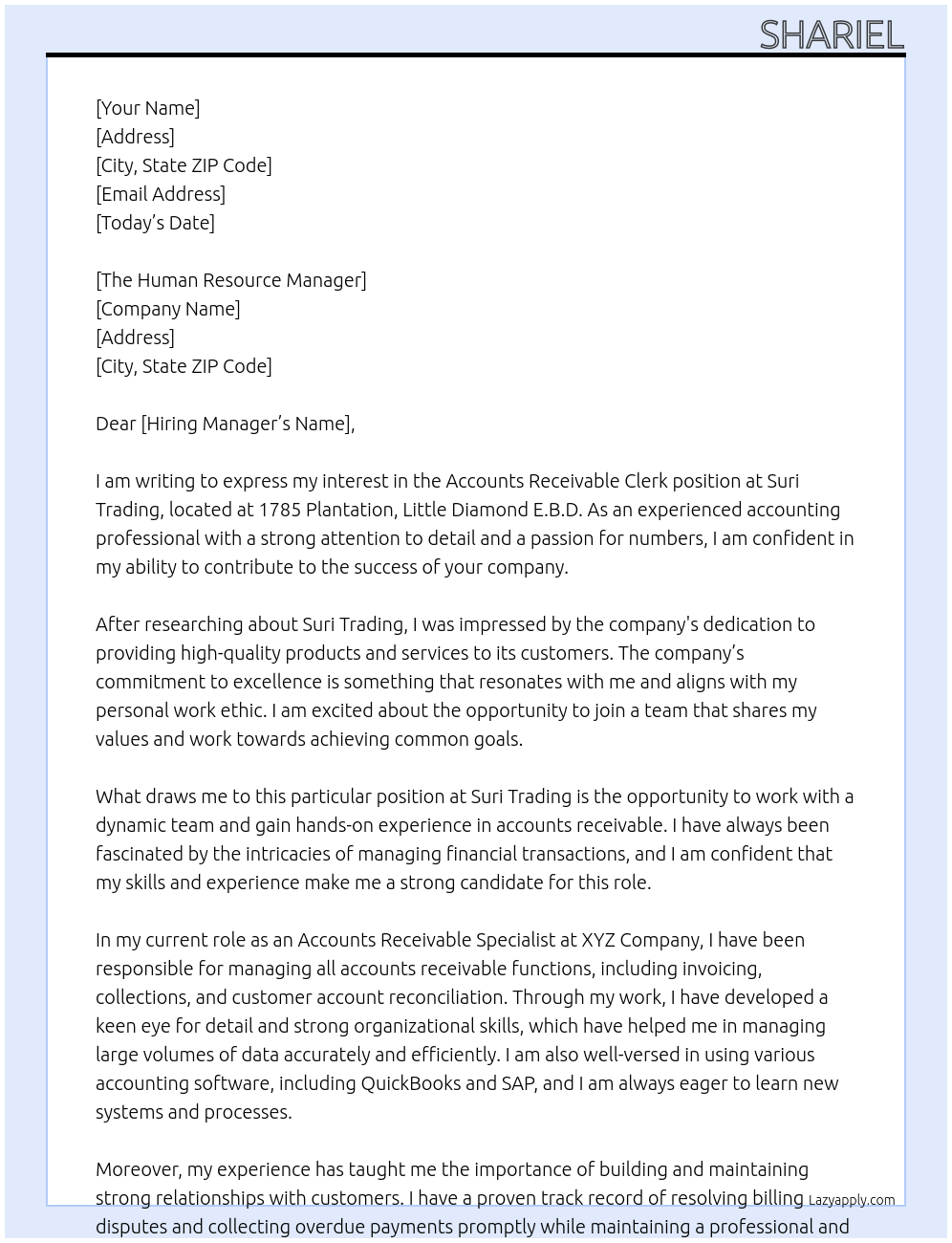 Accounts receivable clerk At Suri Trading  Cover Letter