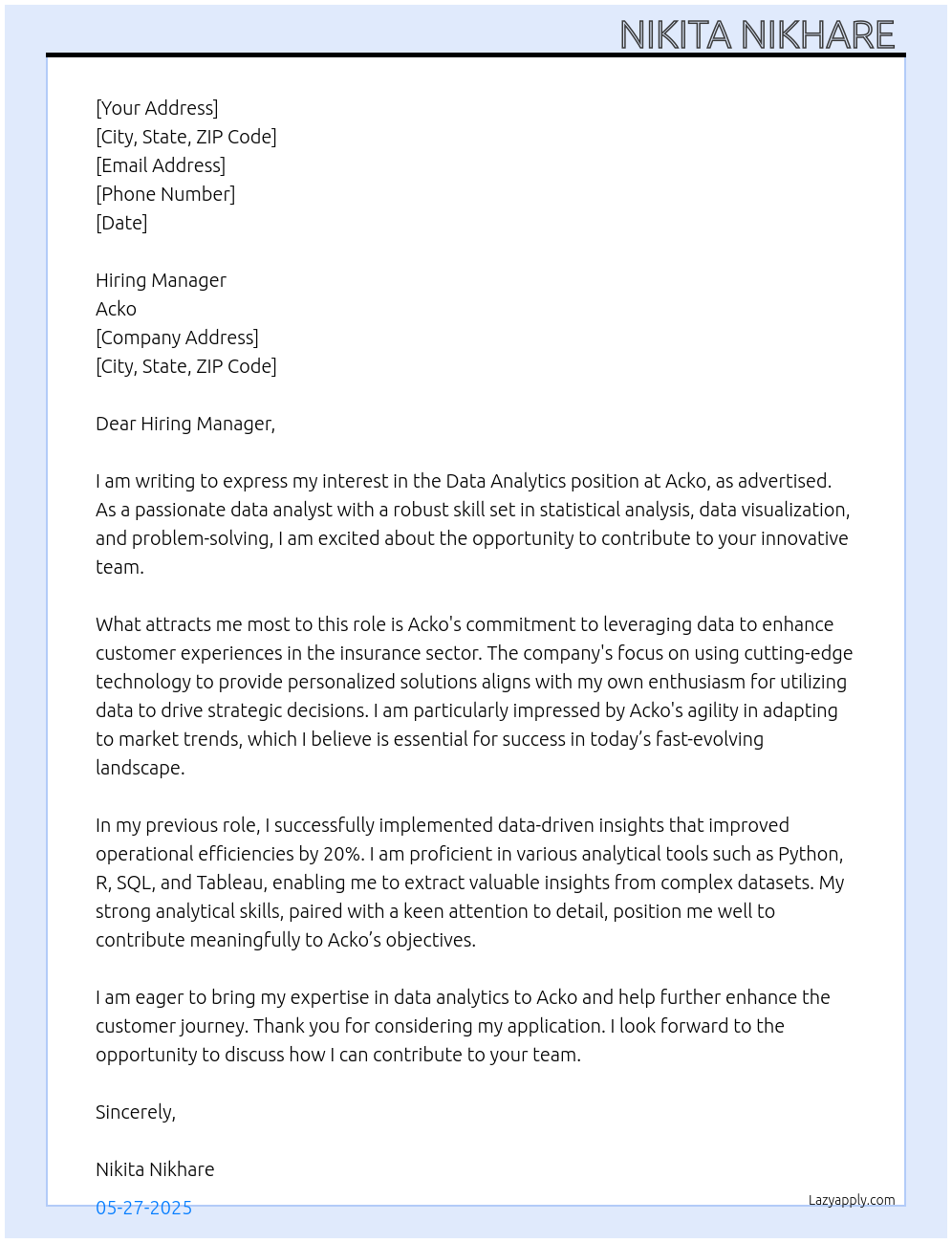 Data analytics  At Acko Cover Letter