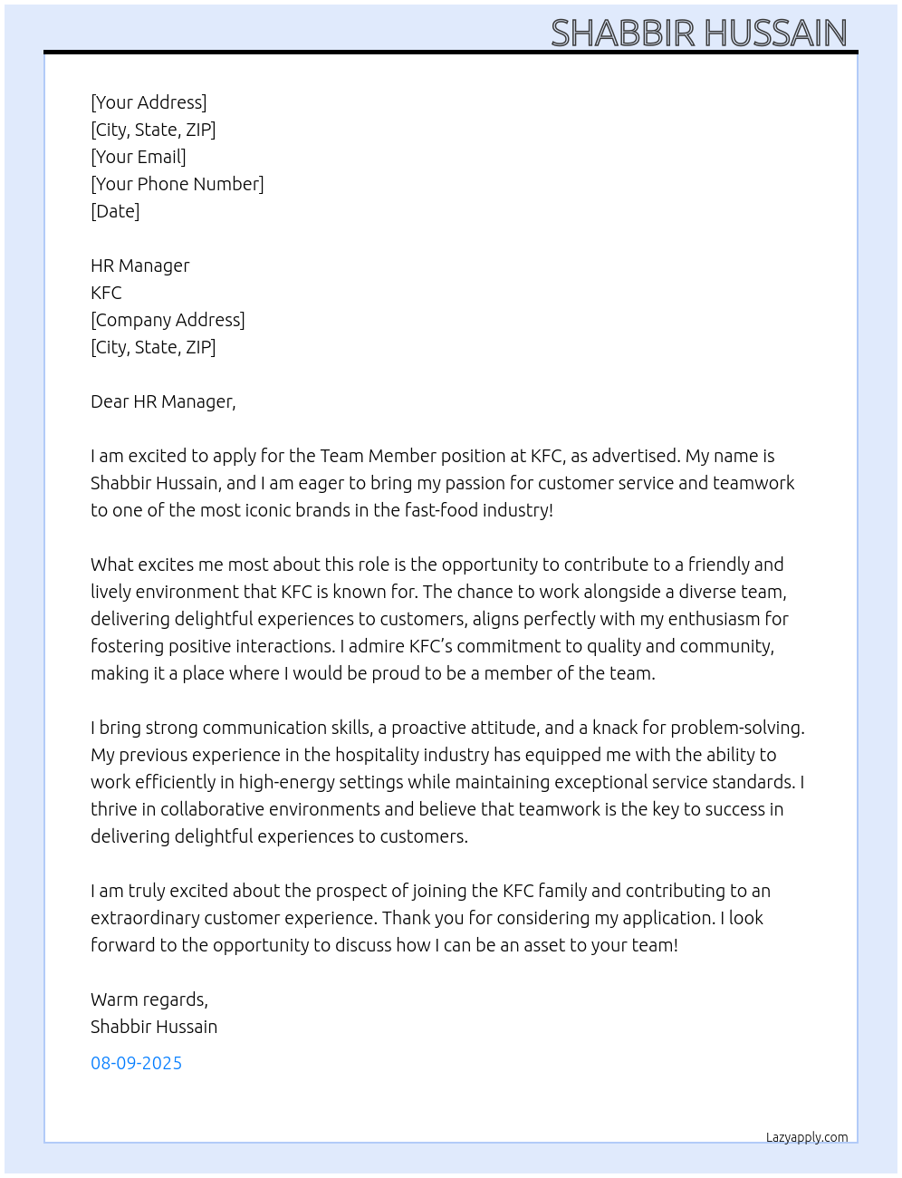 Team member At KFC Cover Letter