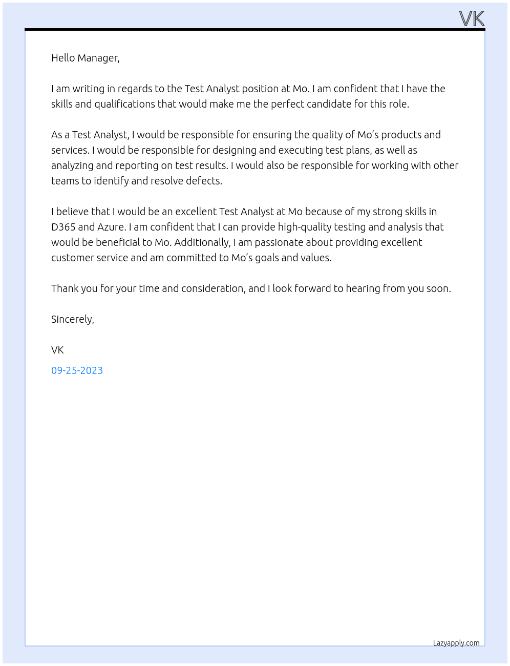 Test Analyst At Mo Cover Letter