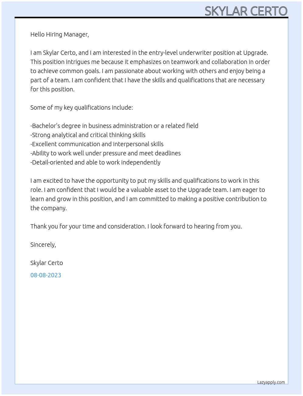 Entry Level Underwriter At Upgrade Cover Letter