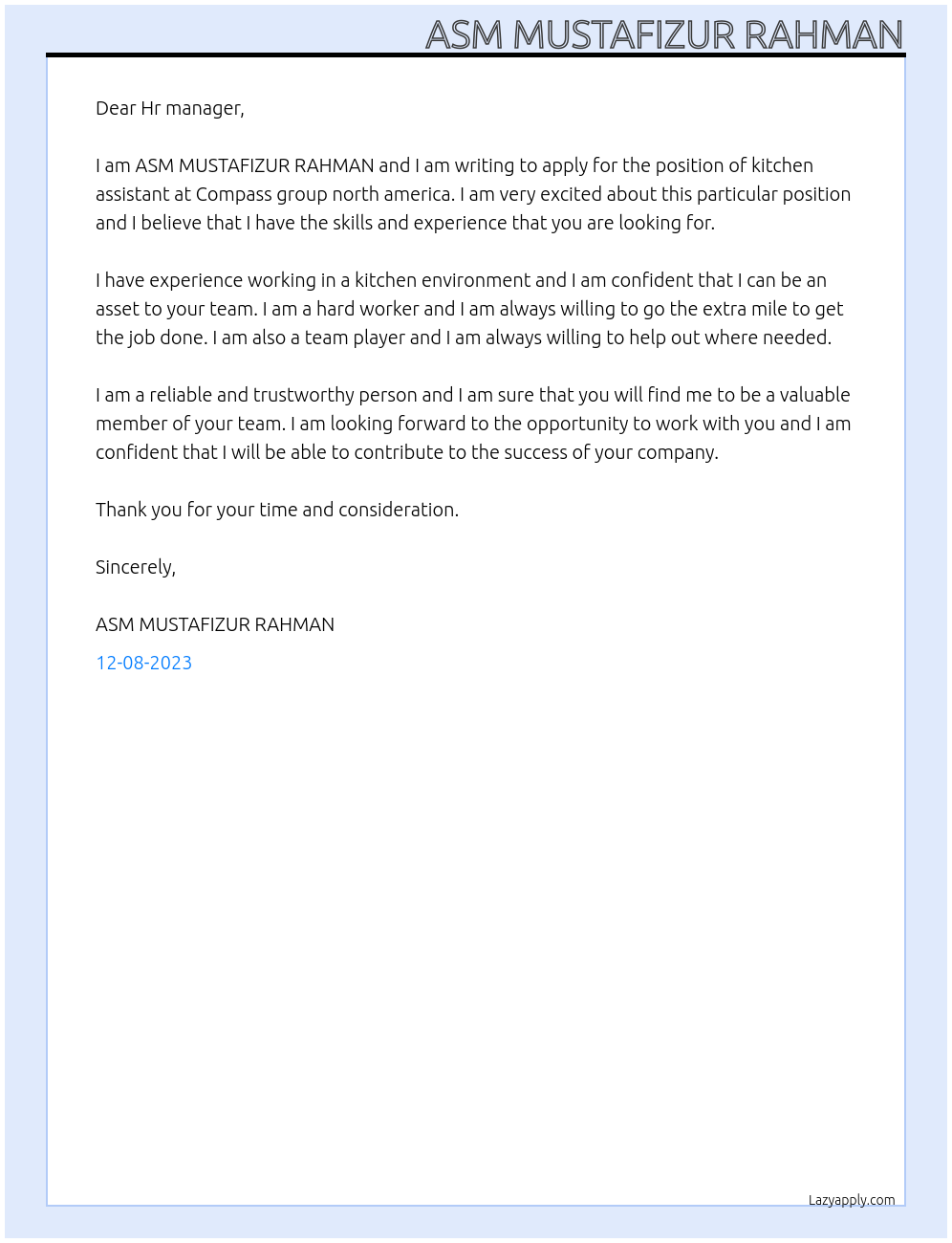 Kitchen assistant At Compass group north america Cover Letter