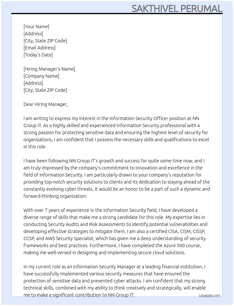 Information Security Officer At NN Group IT Cover Letter