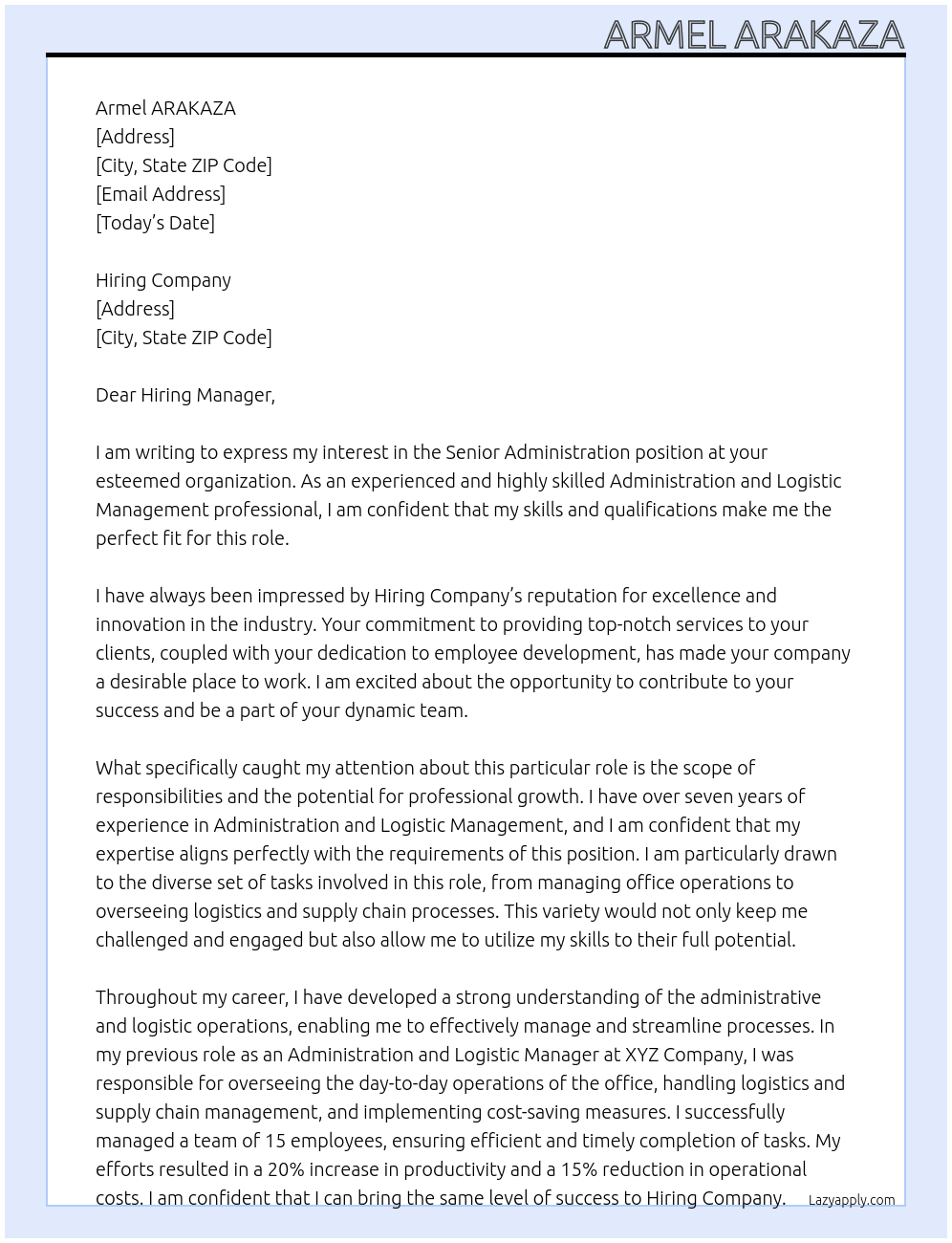 Senior Administration  At Hiring Company Cover Letter