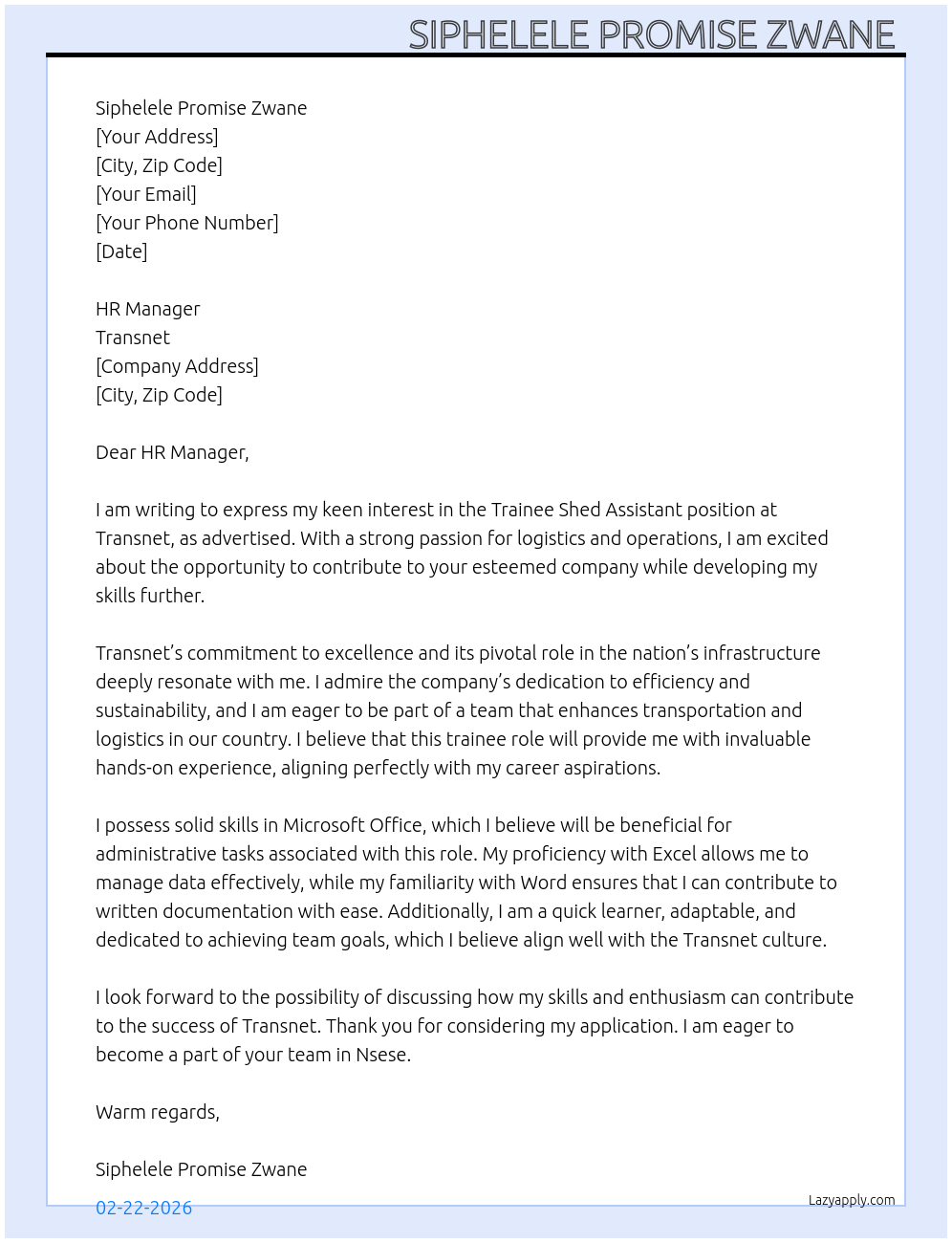 Trainee shed assistant At Transnet  Cover Letter