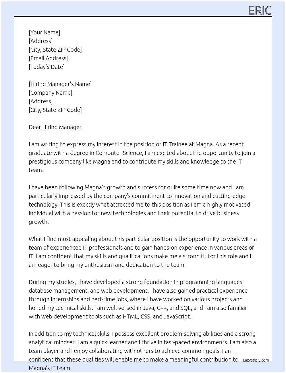 IT Trainee At Magna Cover Letter