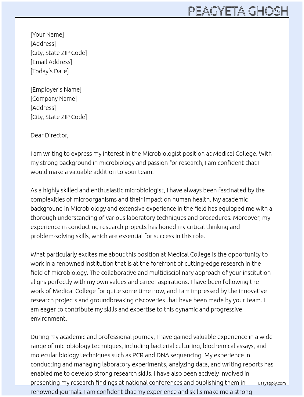 Microbiologist At Medical college Cover Letter