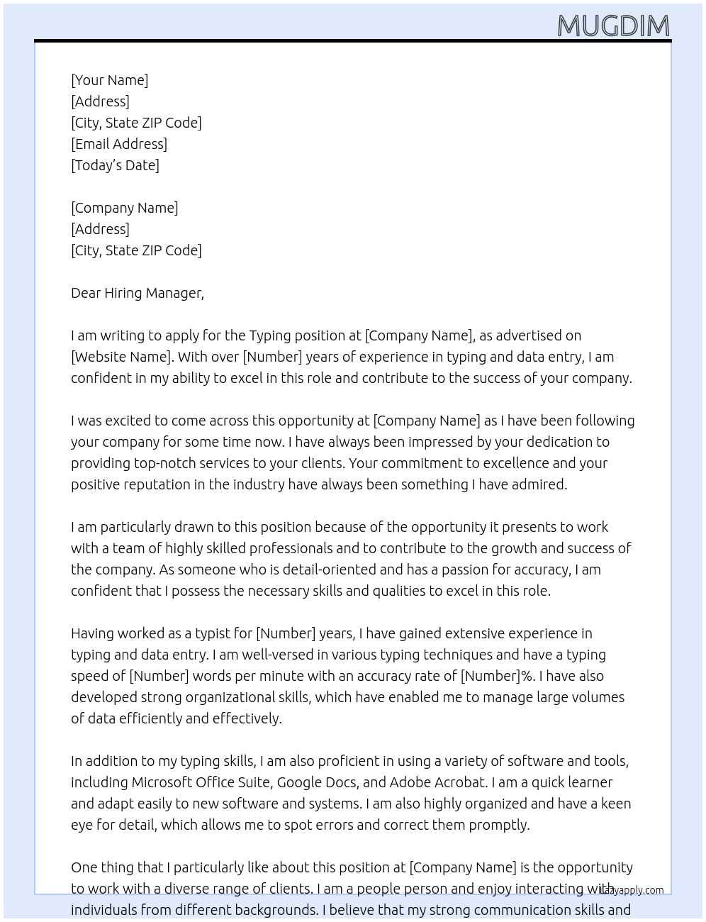 Typing At Company Cover Letter