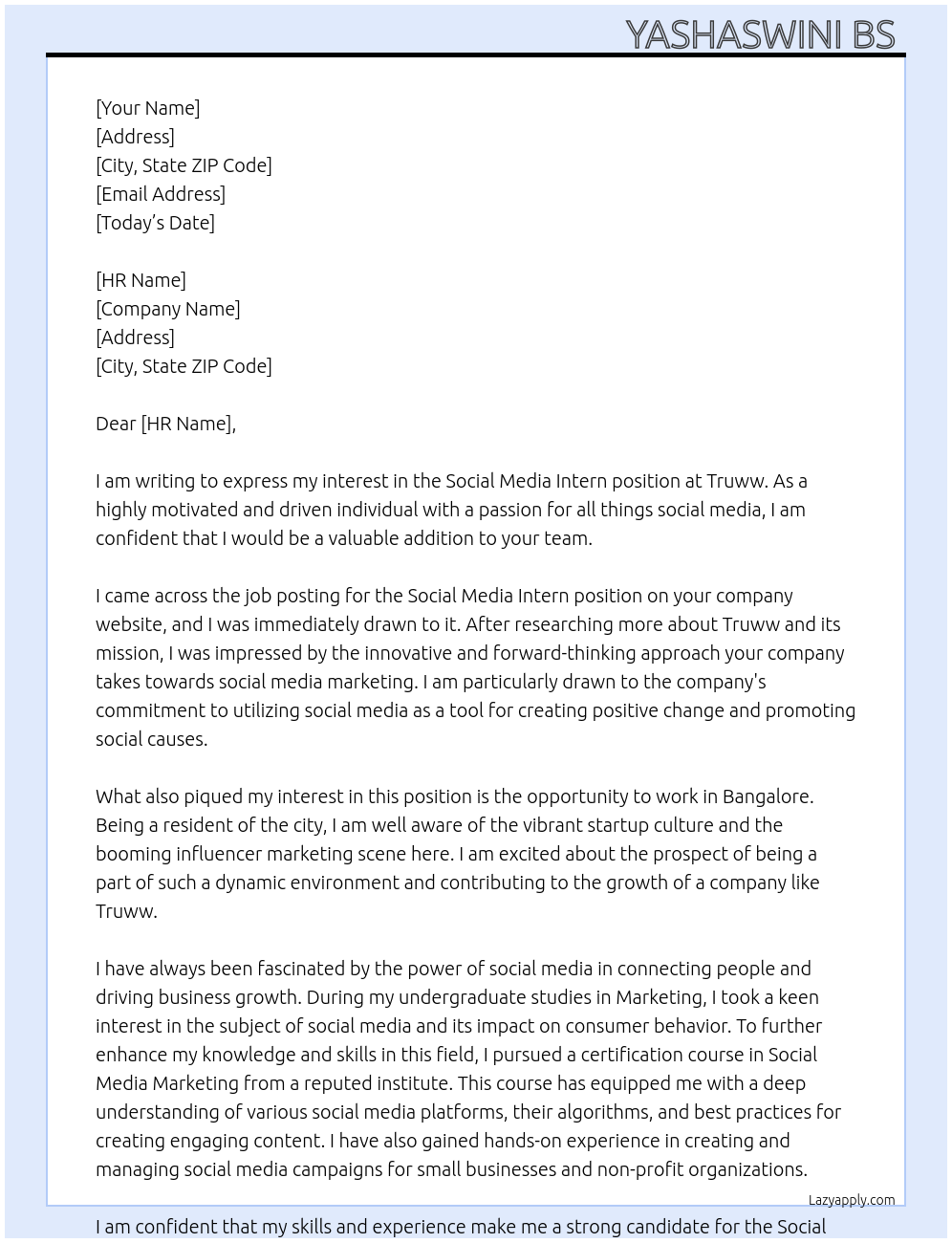 Social media intern At Truww Cover Letter
