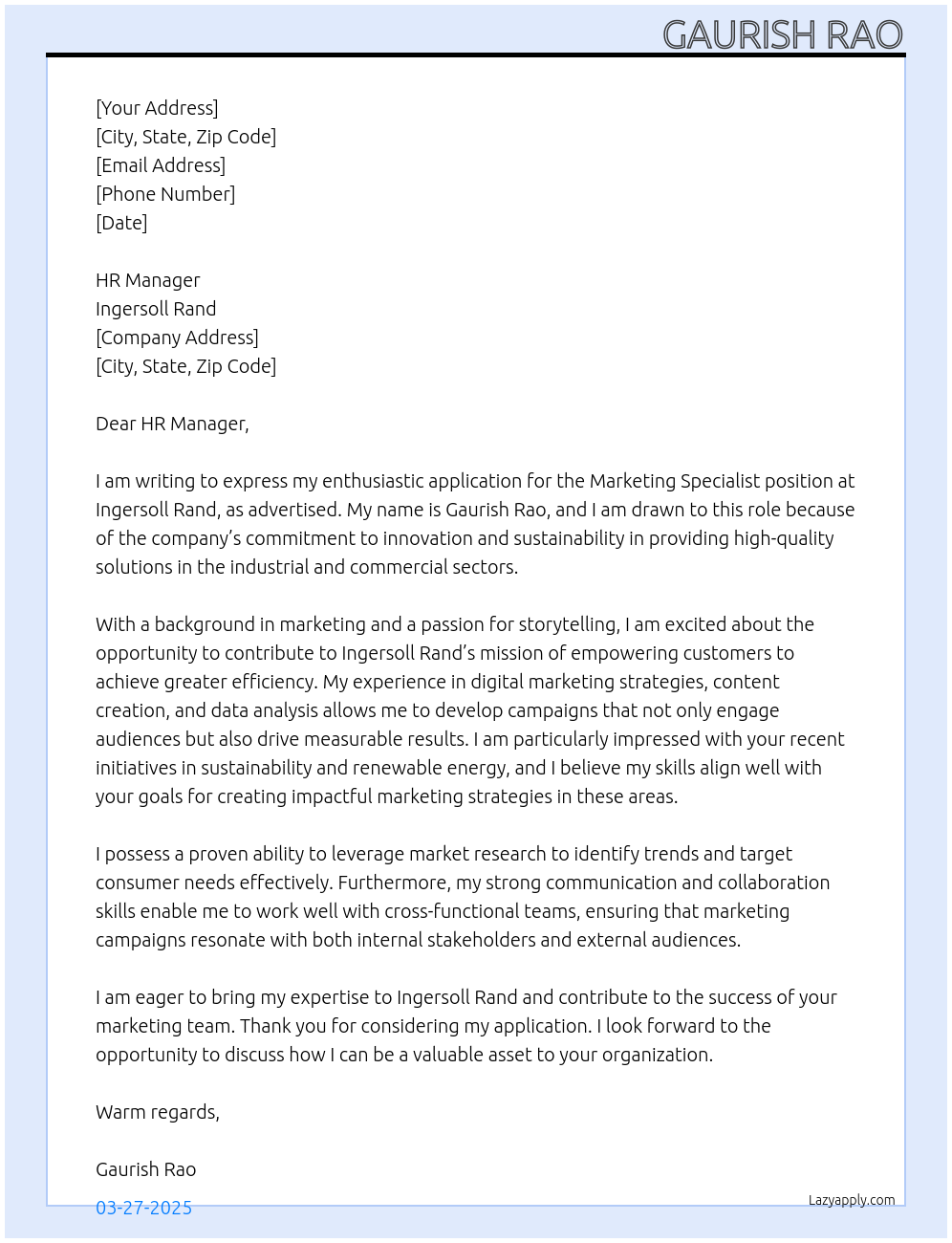 Marketing specialist At Ingersoll Rand Cover Letter