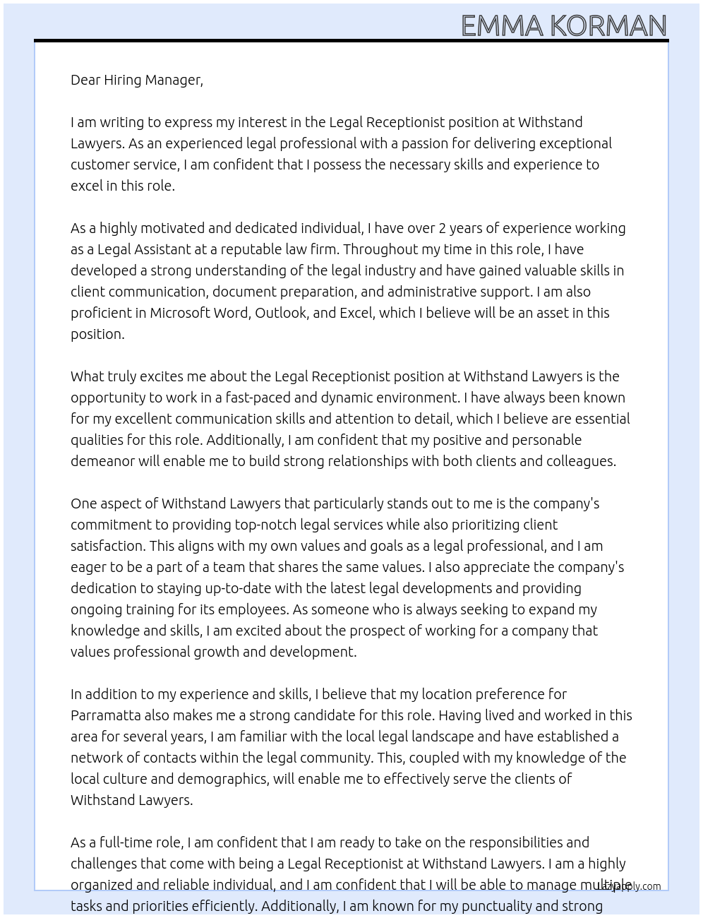 Legal Receptionist At Withstand Lawyers Cover Letter