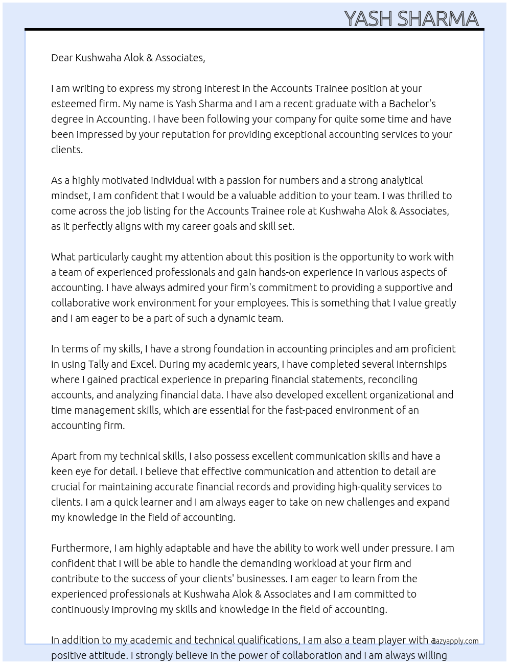 Accounts trainee At Kushwaha Alok & Associates Cover Letter