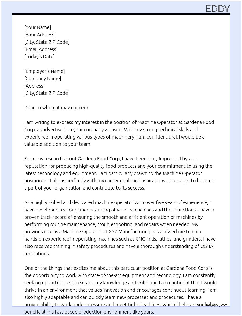 Machine operator At Gardena food corp Cover Letter