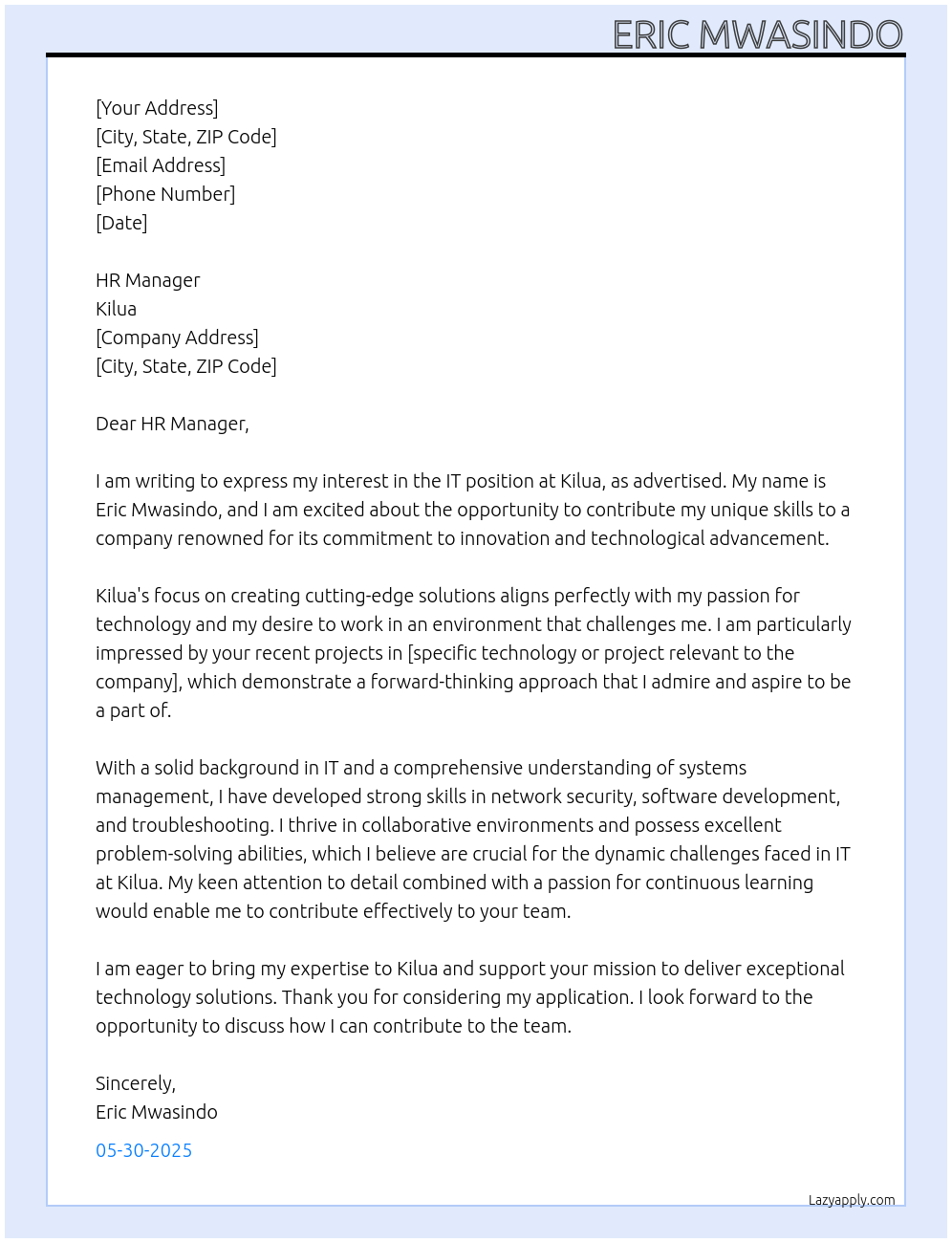 IT At KILUA Cover Letter