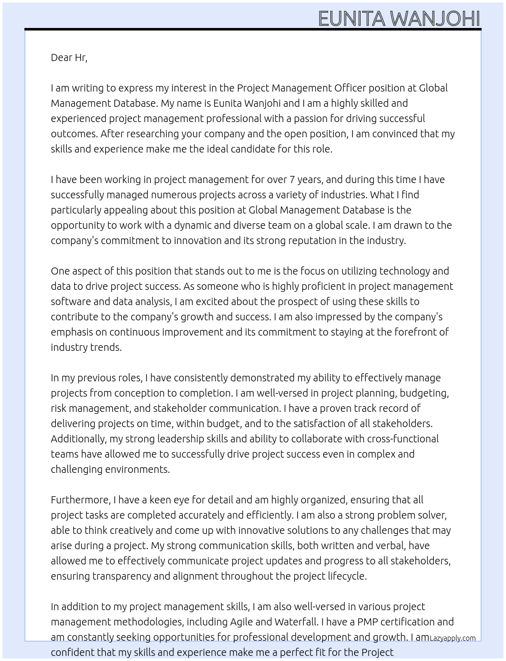 Project management officer  At Global Management database  Cover Letter