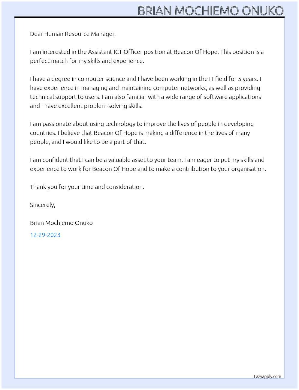 Assistant ICT Officer At Beacon Of Hope Cover Letter