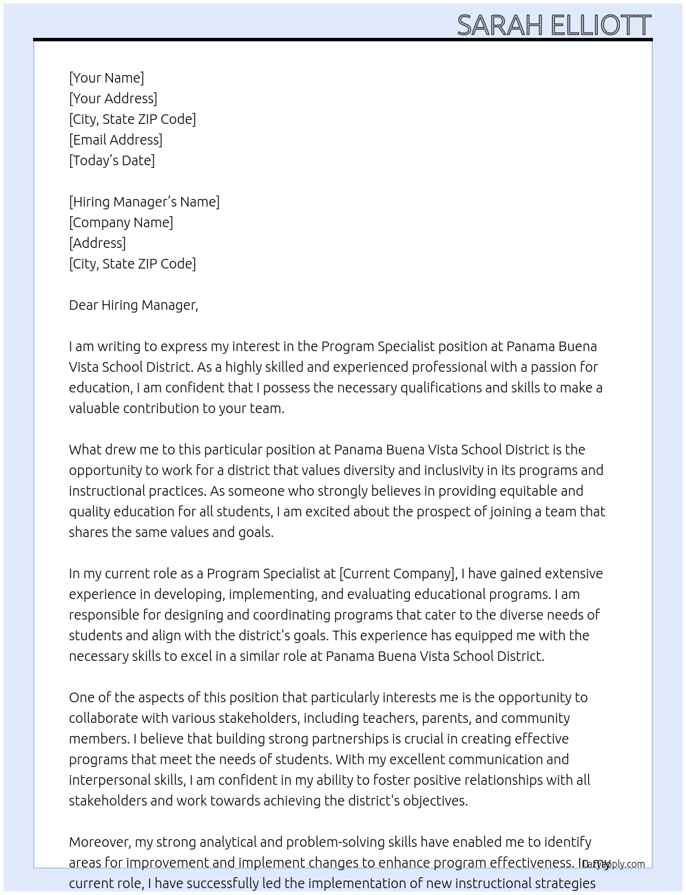 Program Specialist At Panama Buena Vista School District Cover Letter