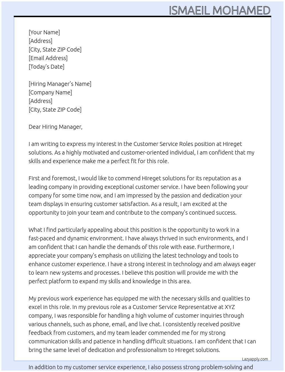 Customer Service Roles At Hireget solutions Cover Letter