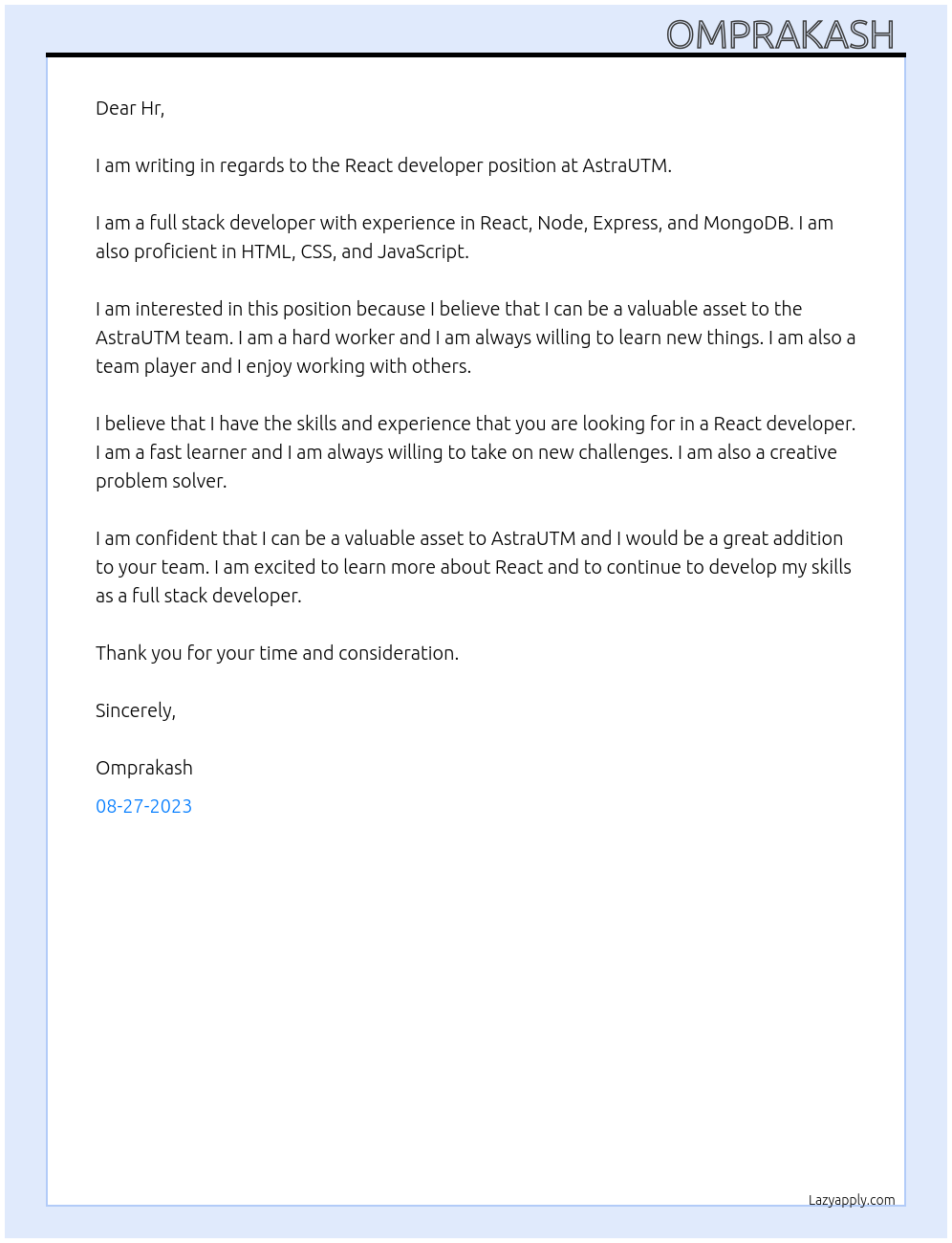 React developer At AstraUTM Cover Letter