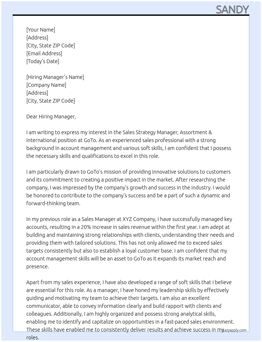 Sales Strategy Manager, Assortment & International At GoTo Cover Letter