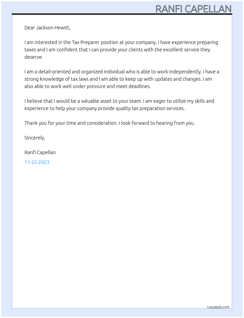 Tax Preparer At Jackson Hewitt Cover Letter