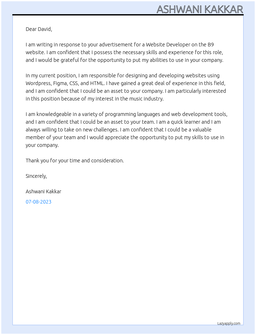 Website Developer At B9 Cover Letter