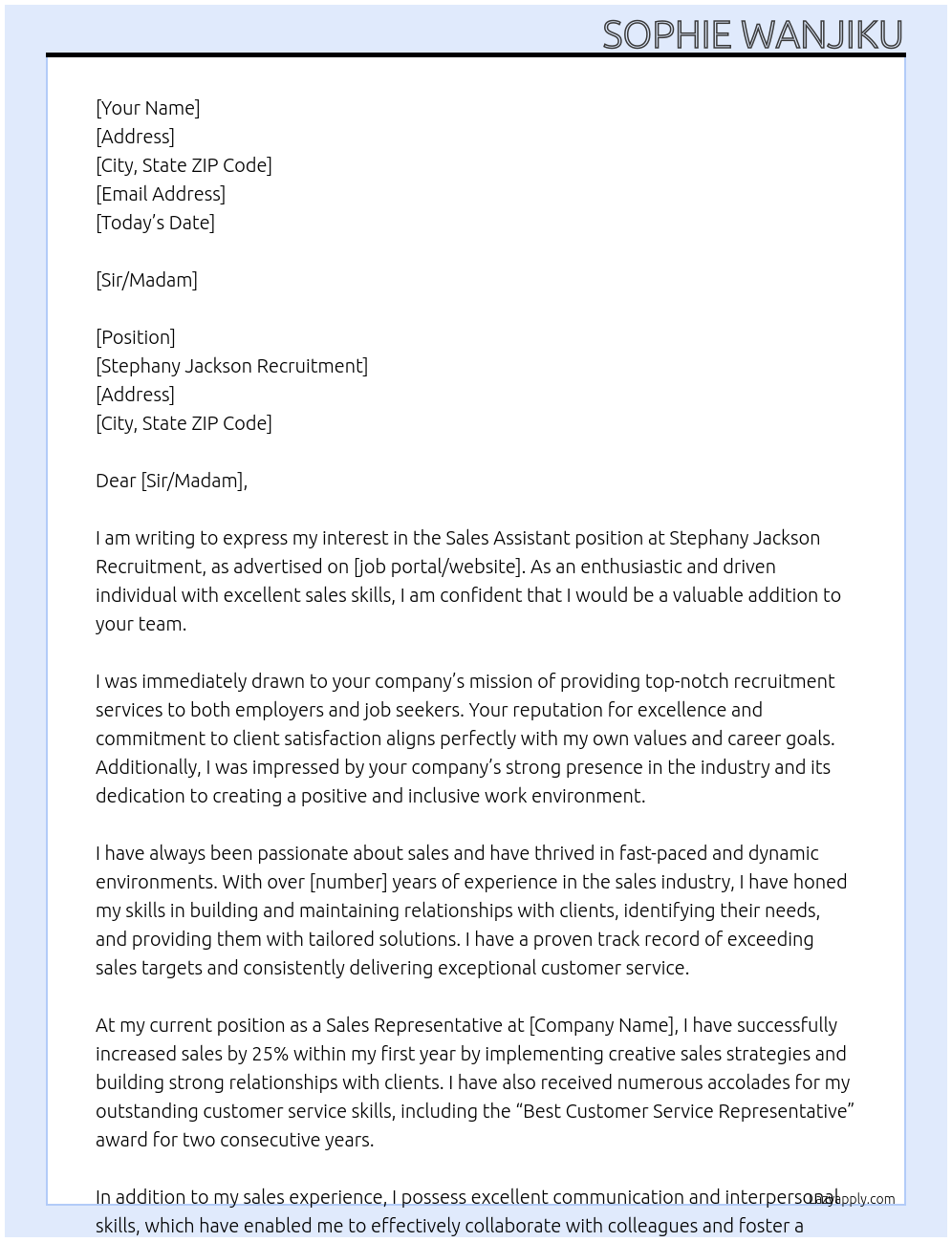 Sale Assistant At Stephany Jackson Recruitment Cover Letter